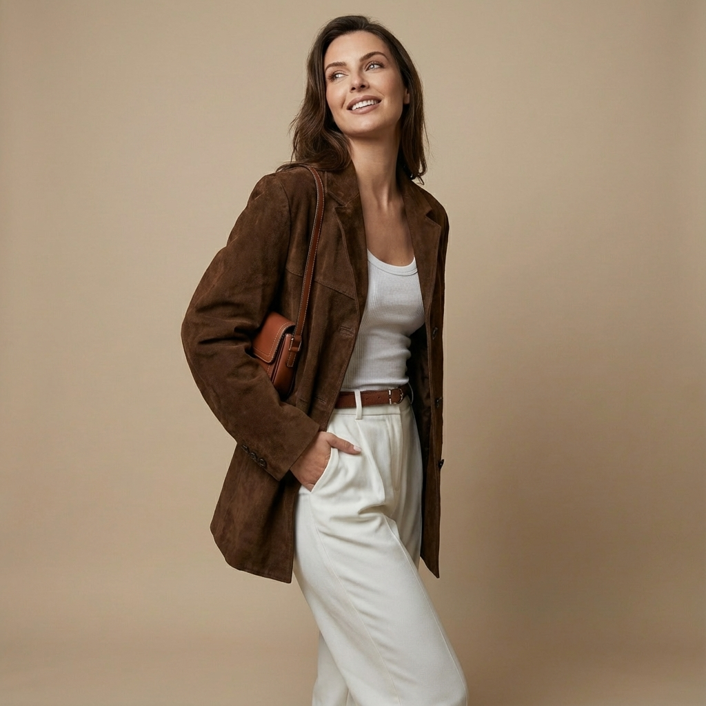 Oversize Damen Wildlederjacke – Lange Braune Übergangsjacke Mit Umlegekragen Für Herbst & Winter