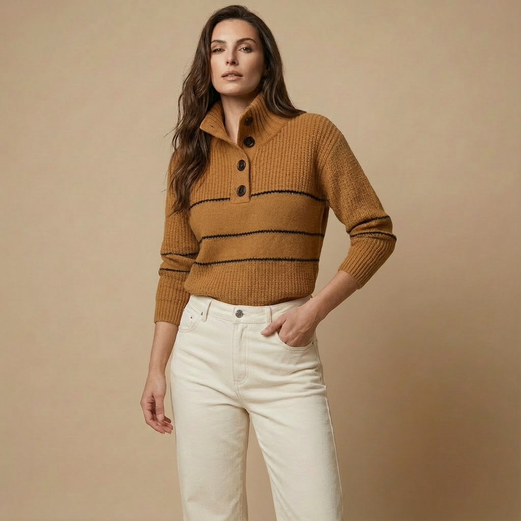 Maritim inspiriert: Gestreifter Button-Pullover für mühelose Everyday-Looks