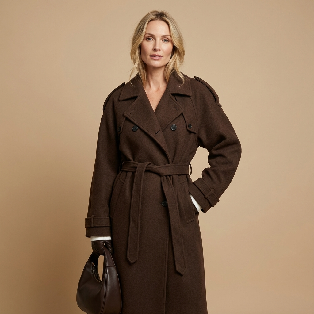 Eleganter Damen Maxi-Mantel – Langer Wintermantel Mit Doppelreiher & Bindegürtel Für Herbst/Winter