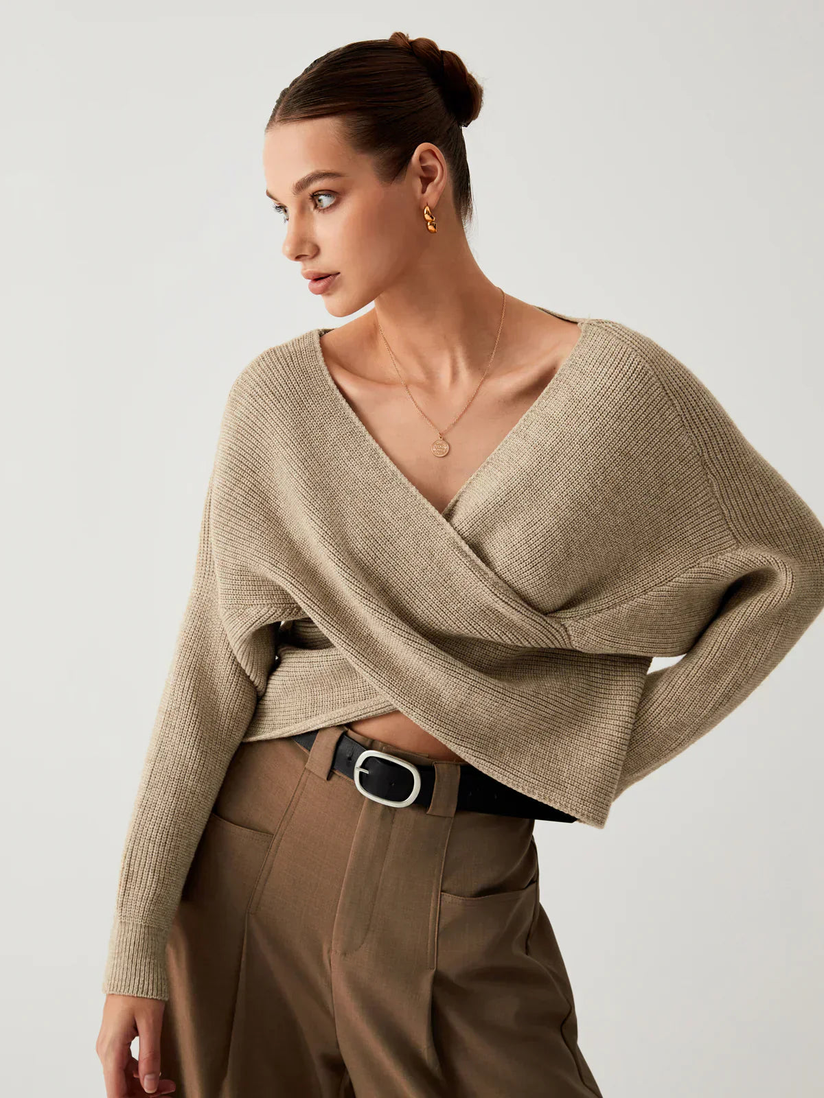 Clara Mode Eleganter Drapierter V-Neck Strickpullover Damen – Apparel & Accessories > Clothing > Clothing Tops > Sweaters für Damen (Women > Tops > Knitwear > Sweaters)