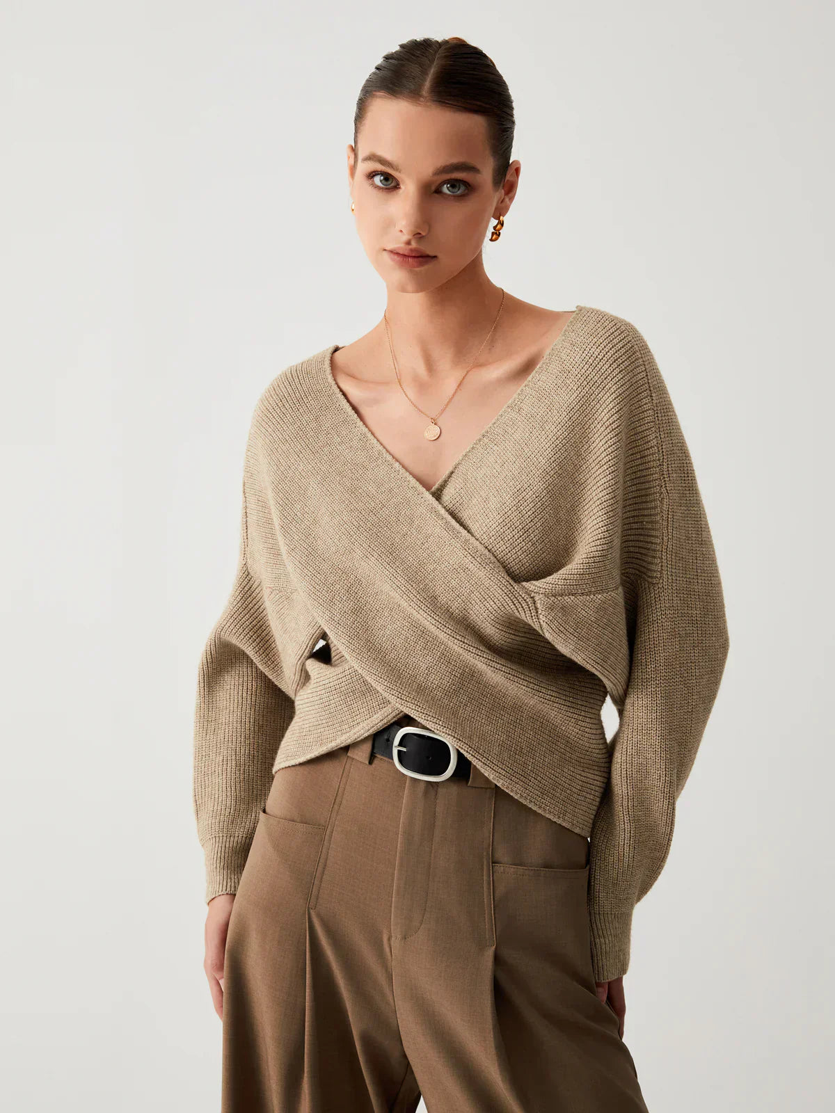 Clara Mode Eleganter Drapierter V-Neck Strickpullover Damen – Apparel & Accessories > Clothing > Clothing Tops > Sweaters für Damen (Women > Tops > Knitwear > Sweaters)