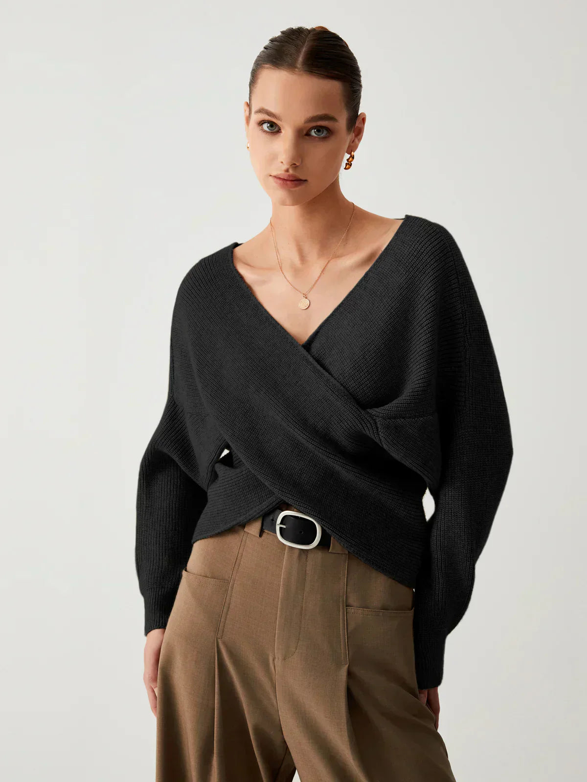 Clara Mode Eleganter Drapierter V-Neck Strickpullover Damen – Apparel & Accessories > Clothing > Clothing Tops > Sweaters für Damen (Women > Tops > Knitwear > Sweaters)
