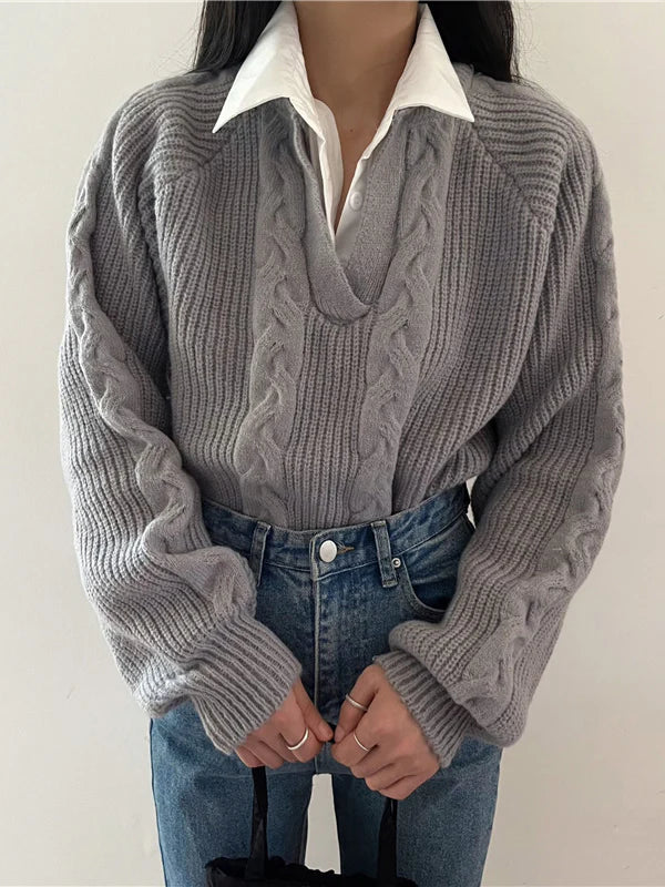 Clara Mode Eleganter Cable Knit Pullover mit V-Ausschnitt Damen – Apparel & Accessories > Clothing > Clothing Tops > Sweaters für Damen (Women > Tops > Knitwear > Sweaters)