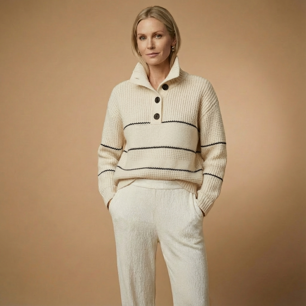 Maritim inspiriert: Gestreifter Button-Pullover für mühelose Everyday-Looks