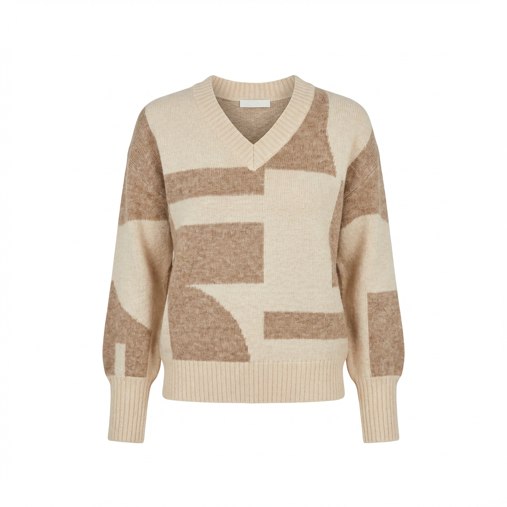 Geometrischer Strickpullover für Damen | V-Ausschnitt | Lockere Passform