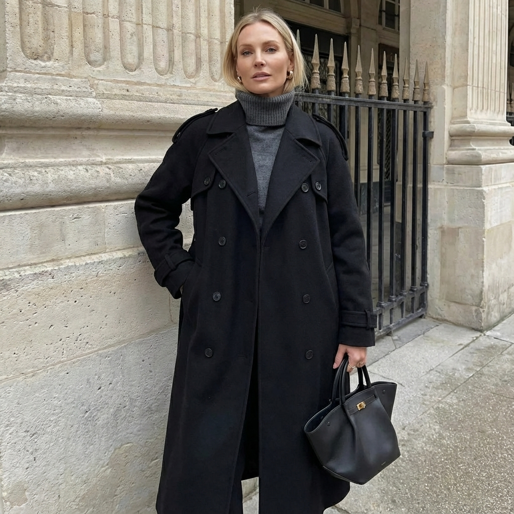 Eleganter Damen Maxi-Mantel – Langer Wintermantel Mit Doppelreiher & Bindegürtel Für Herbst/Winter