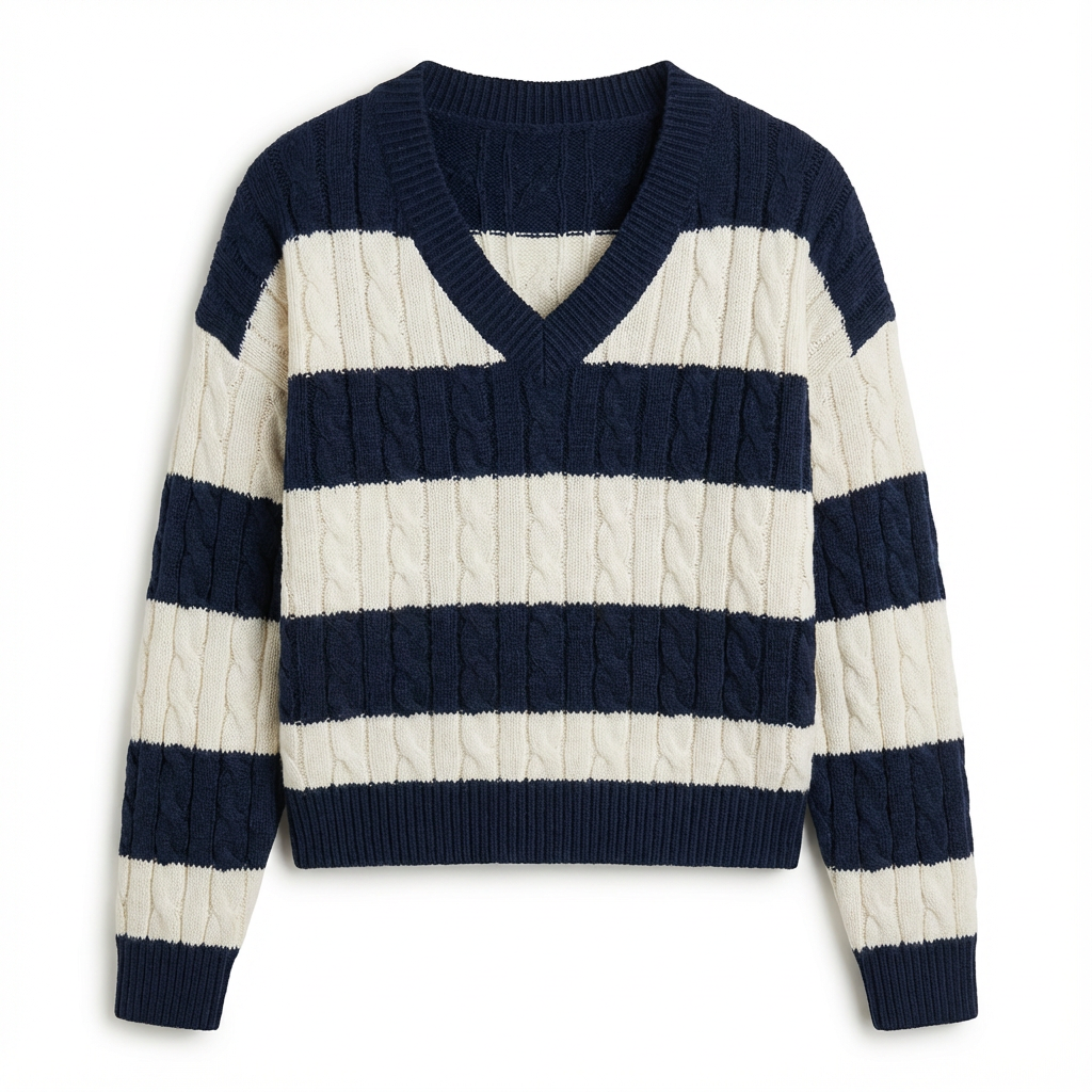 Gestreifter Kabelstrick-Pullover für Damen | V-Ausschnitt | Lockerer Loose Fit