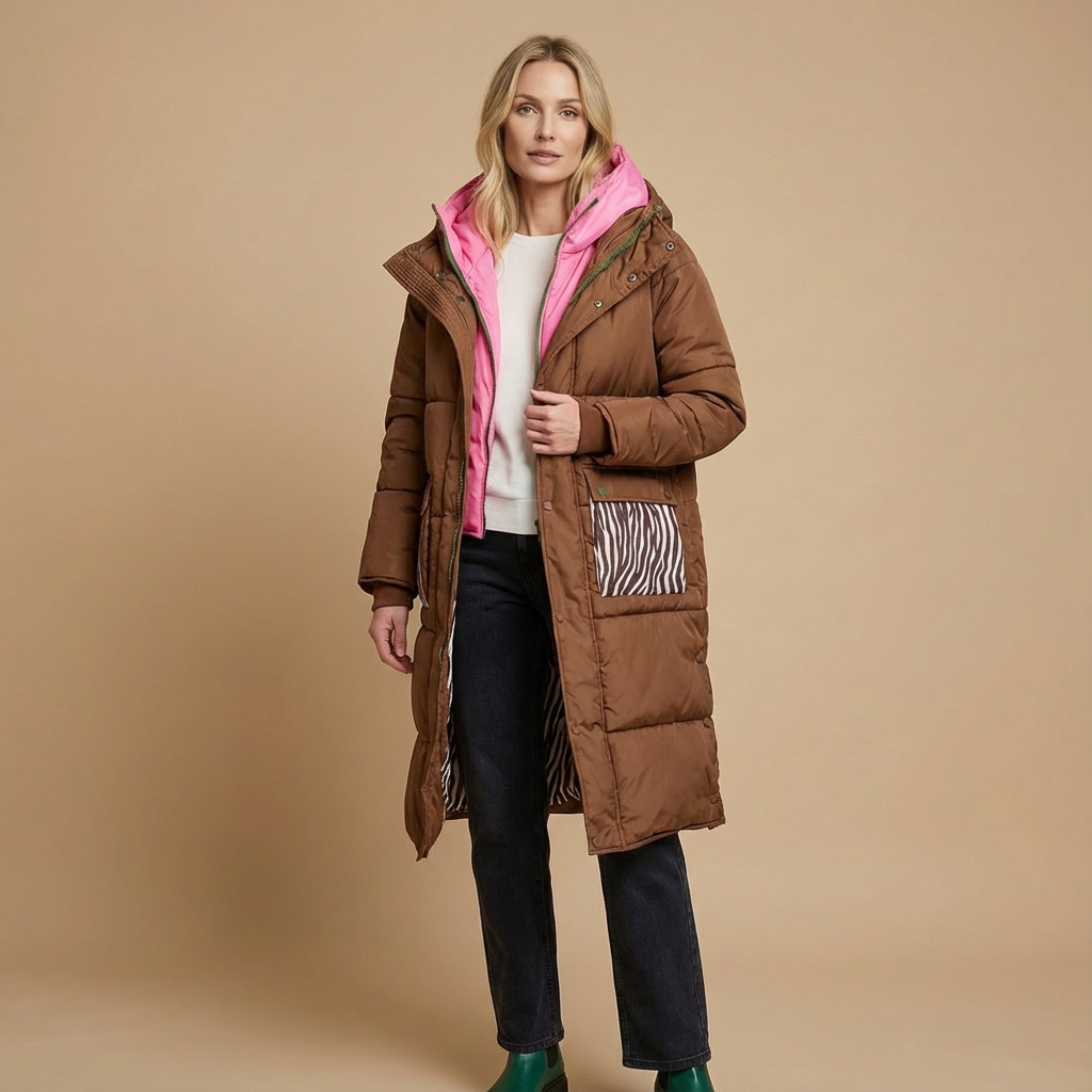 Langer Damen-Steppmantel Mit Kapuze – Warme Winterjacke Mit Kontrastfutter & Animalprint-Taschen